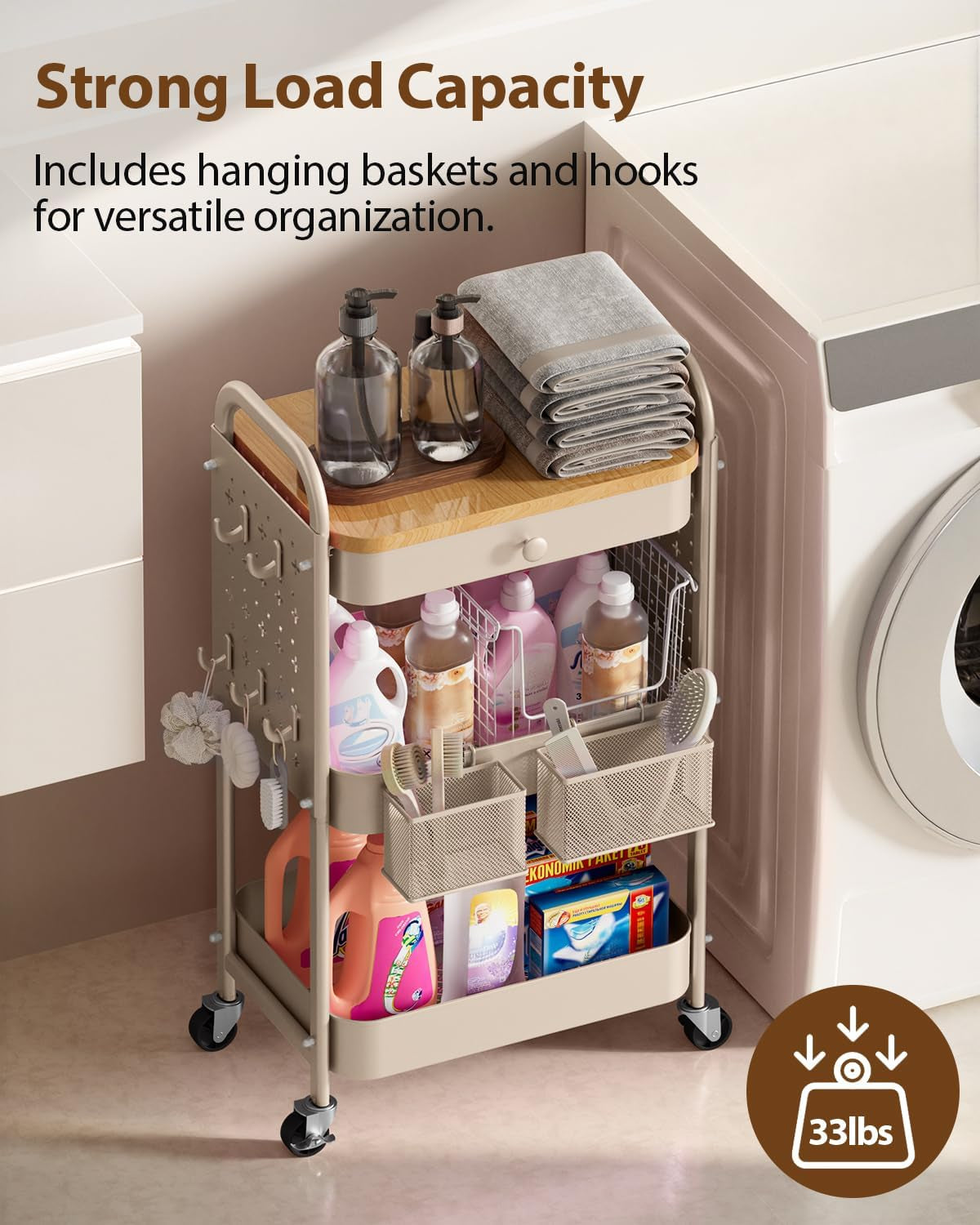 Rolling Cart with Drawer and Wood Table Top, 3 Tier Metal Rolling Utility Cart on Wheels with DIY Pegboards, Hanging Baskets, Hooks for Kitchen, Bedroom, Office, Craft Supplies