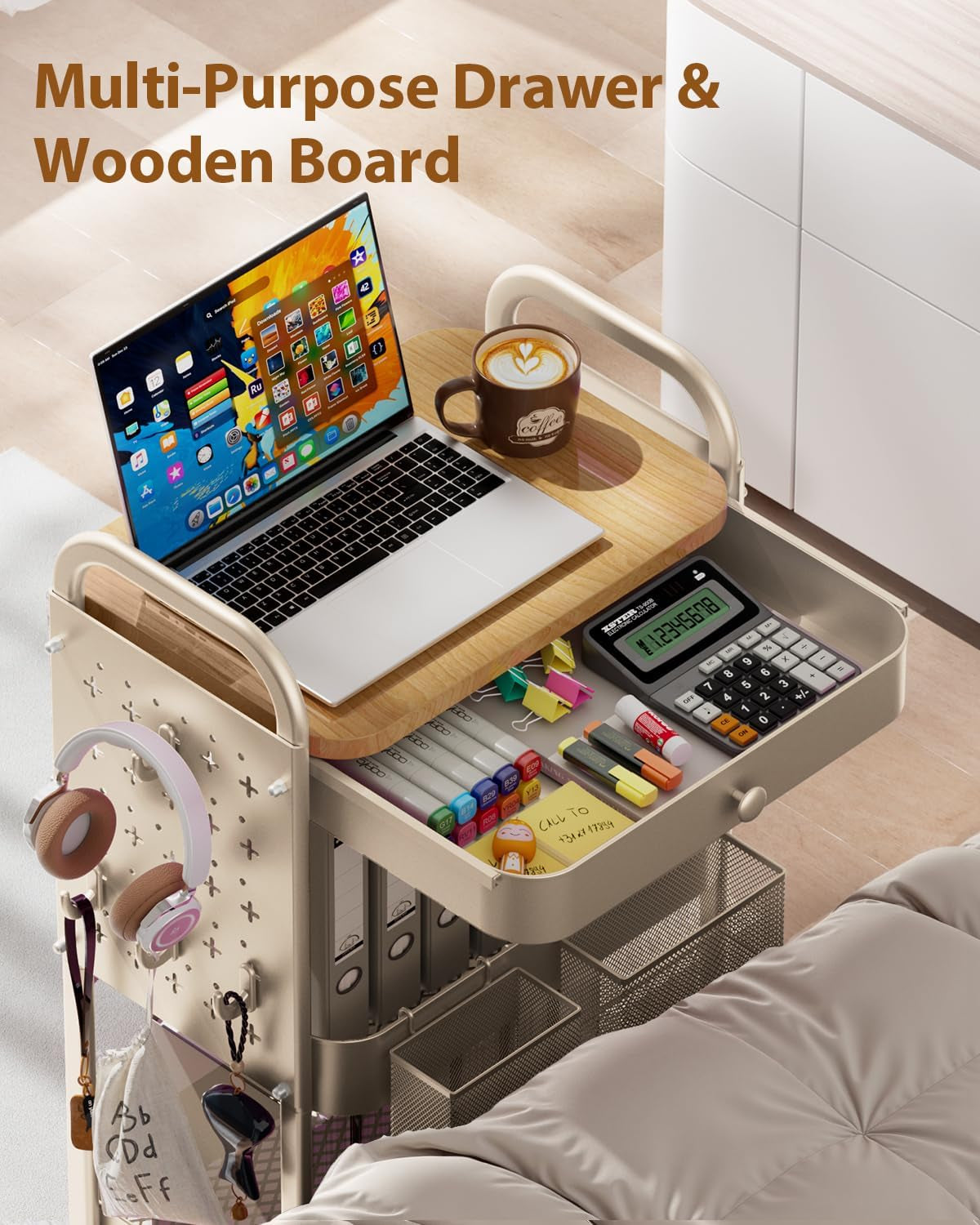 Rolling Cart with Drawer and Wood Table Top, 3 Tier Metal Rolling Utility Cart on Wheels with DIY Pegboards, Hanging Baskets, Hooks for Kitchen, Bedroom, Office, Craft Supplies