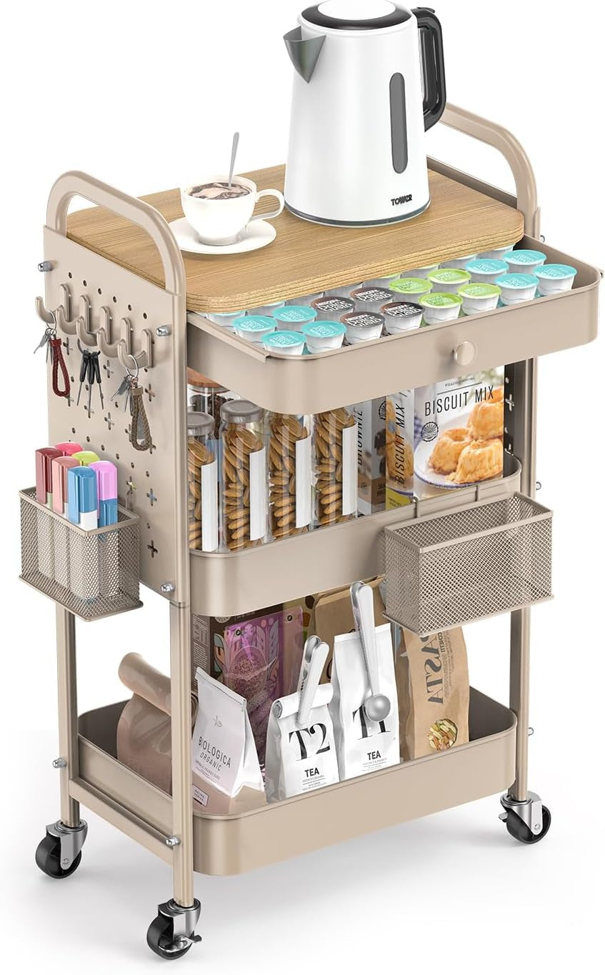 Rolling Cart with Drawer and Wood Table Top, 3 Tier Metal Rolling Utility Cart on Wheels with DIY Pegboards, Hanging Baskets, Hooks for Kitchen, Bedroom, Office, Craft Supplies