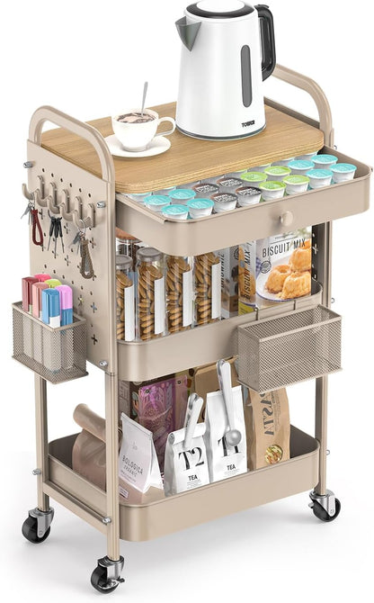 Rolling Cart with Drawer and Wood Table Top, 3 Tier Metal Rolling Utility Cart on Wheels with DIY Pegboards, Hanging Baskets, Hooks for Kitchen, Bedroom, Office, Craft Supplies