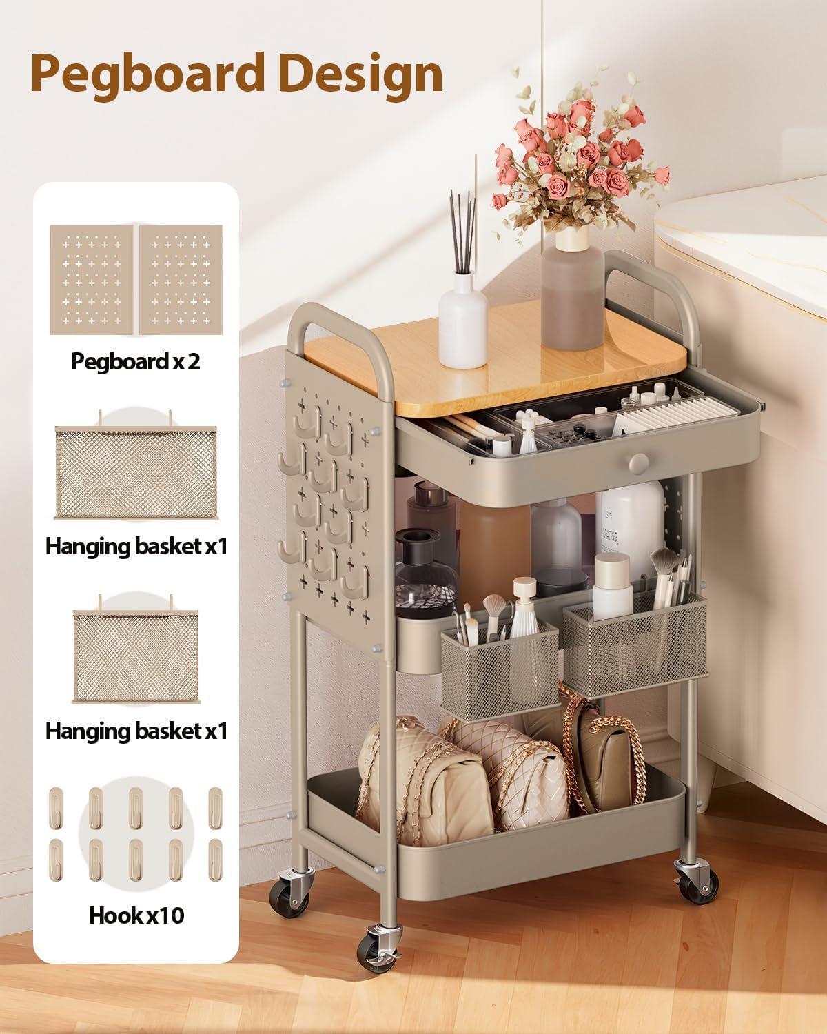 Rolling Cart with Drawer and Wood Table Top, 3 Tier Metal Rolling Utility Cart on Wheels with DIY Pegboards, Hanging Baskets, Hooks for Kitchen, Bedroom, Office, Craft Supplies