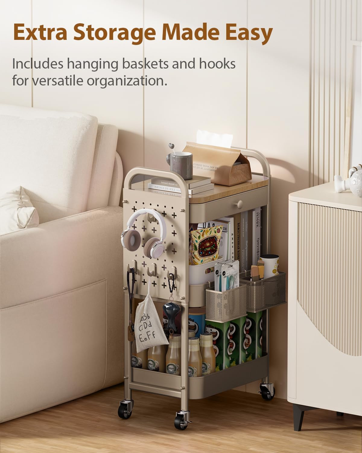 Rolling Cart with Drawer and Wood Table Top, 3 Tier Metal Rolling Utility Cart on Wheels with DIY Pegboards, Hanging Baskets, Hooks for Kitchen, Bedroom, Office, Craft Supplies