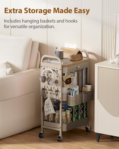 Rolling Cart with Drawer and Wood Table Top, 3 Tier Metal Rolling Utility Cart on Wheels with DIY Pegboards, Hanging Baskets, Hooks for Kitchen, Bedroom, Office, Craft Supplies