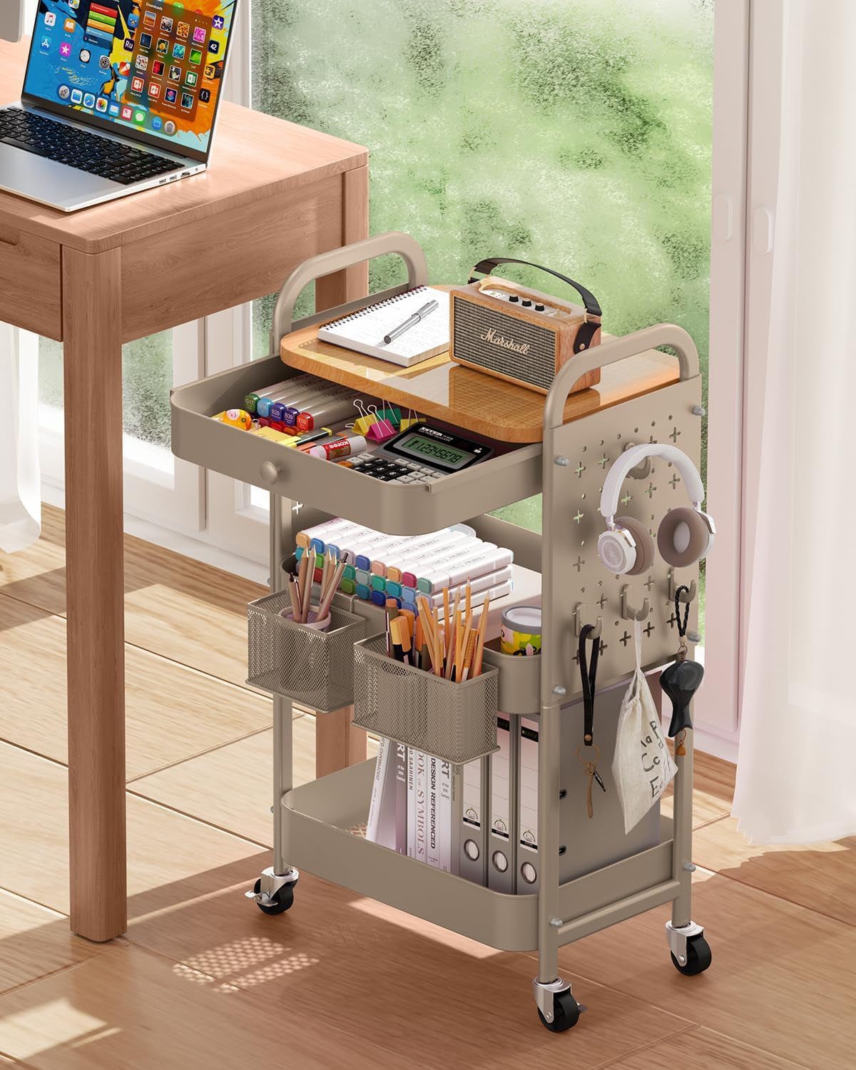 Rolling Cart with Drawer and Wood Table Top, 3 Tier Metal Rolling Utility Cart on Wheels with DIY Pegboards, Hanging Baskets, Hooks for Kitchen, Bedroom, Office, Craft Supplies