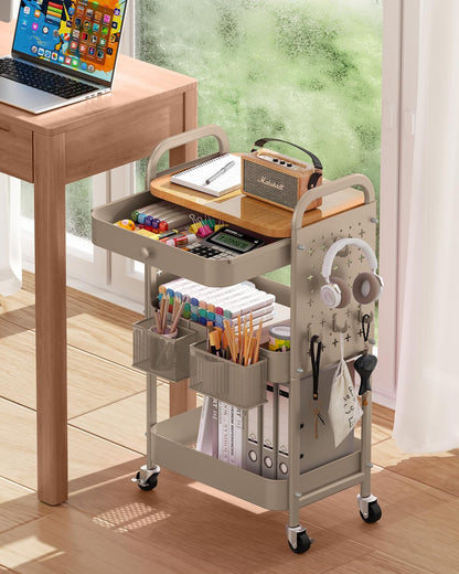 Rolling Cart with Drawer and Wood Table Top, 3 Tier Metal Rolling Utility Cart on Wheels with DIY Pegboards, Hanging Baskets, Hooks for Kitchen, Bedroom, Office, Craft Supplies
