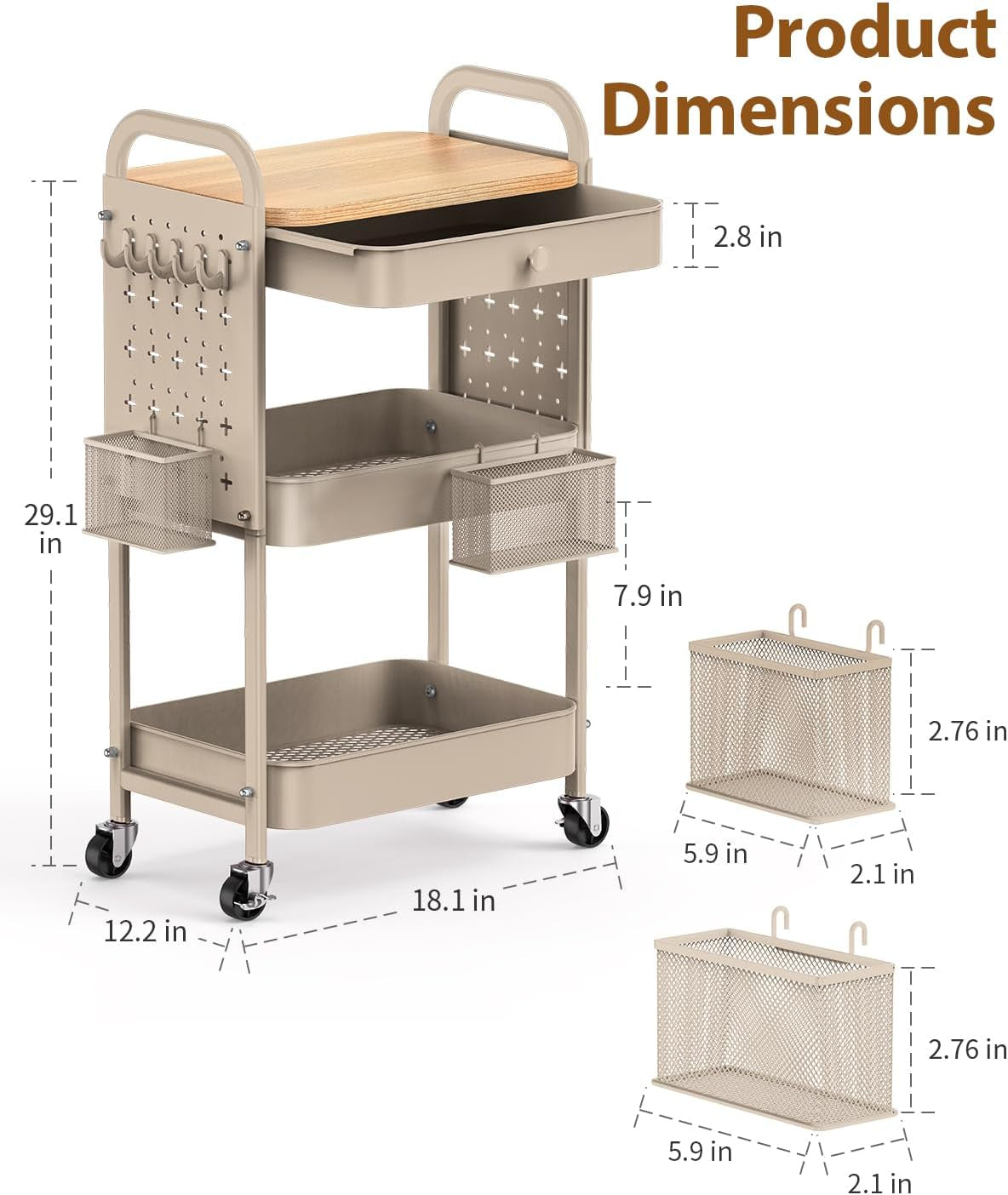 Rolling Cart with Drawer and Wood Table Top, 3 Tier Metal Rolling Utility Cart on Wheels with DIY Pegboards, Hanging Baskets, Hooks for Kitchen, Bedroom, Office, Craft Supplies